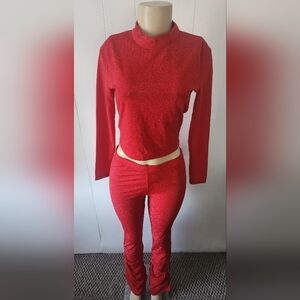 Red Glitter Women's Stacked Flare Pants Set